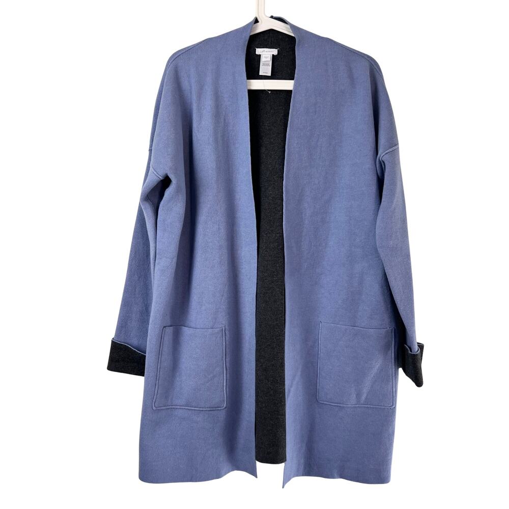 NEW J Jill Reversible Open Front Cardigan Womens Size‎ Small Blue Gray Pockets
